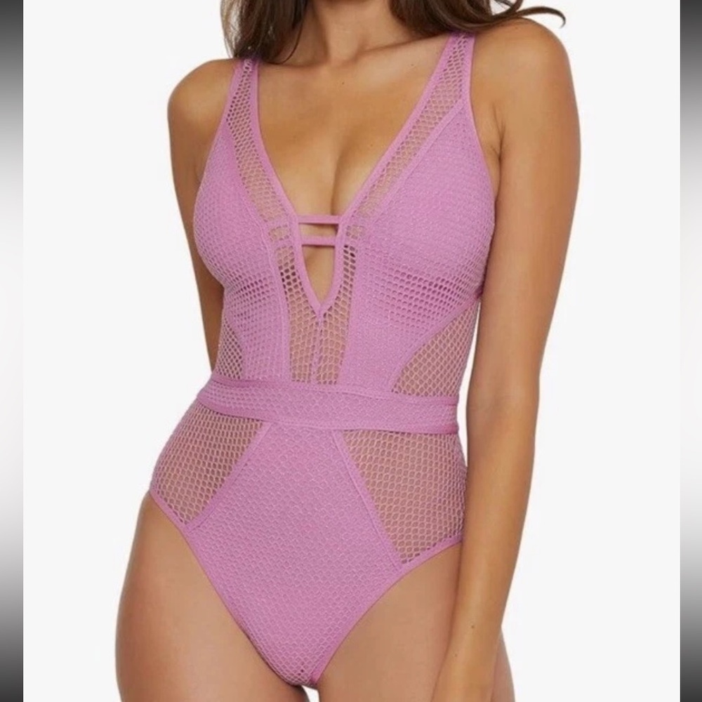 Becca Color Play Deep V Neck One Piece Swimsuit, Purple, Small NWT - Picture 2 of 6